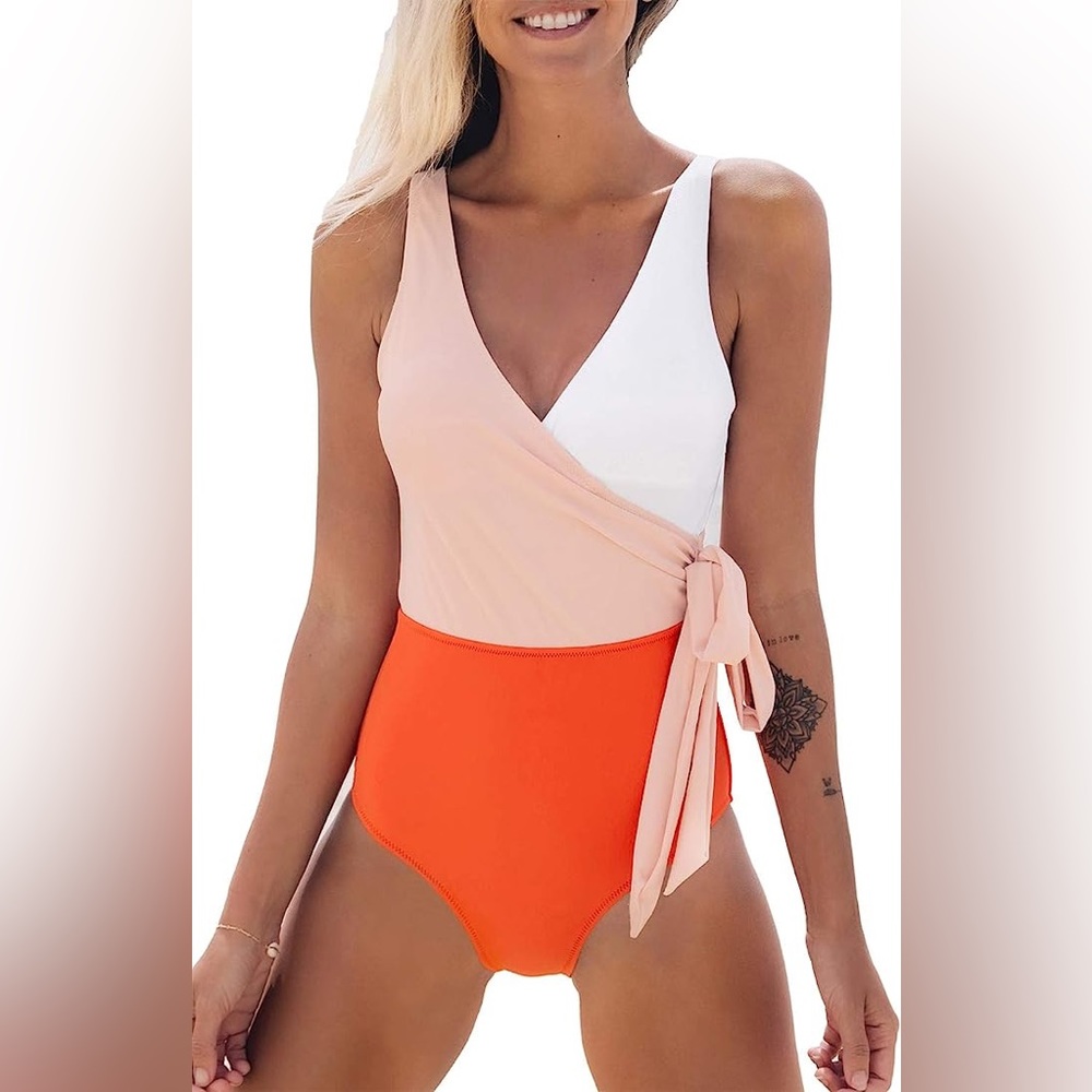 Cupshe Colorblock Wrap One-Piece Swimsuit in White, Blush, and Orange